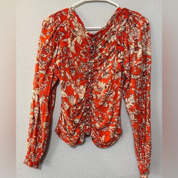 Free People Say the Word Floral Rushed Top Ruby Red Orange S - Picture 5 of 8